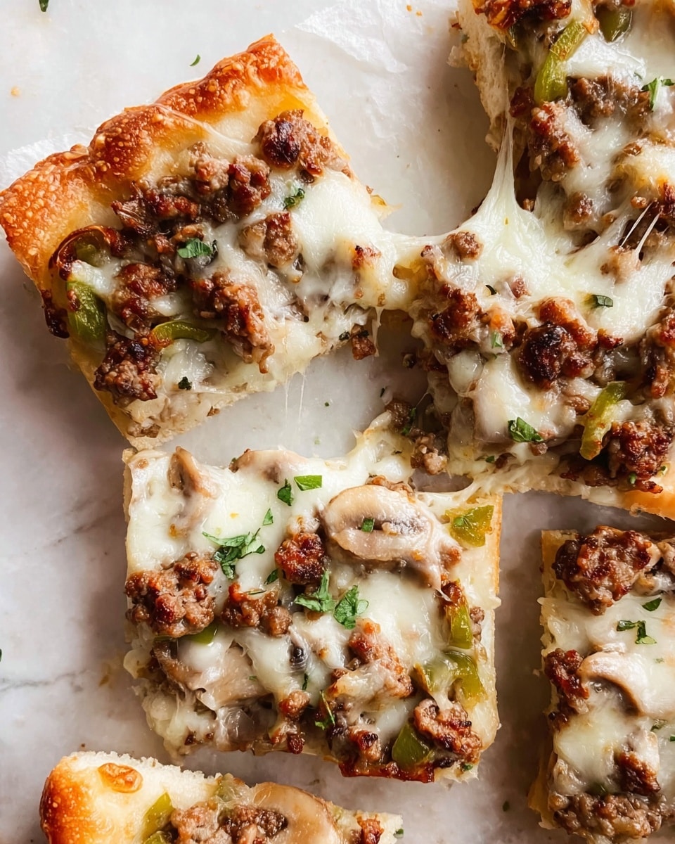 The image shows four square slices of pizza on a white marbled surface. Each slice has a thick, fluffy crust with a golden-brown edge. The base layer is white pizza dough topped generously with cooked ground beef that is brown and crumbly. Mixed with the beef are green bell pepper pieces and mushrooms that are light brown and soft. The top layer is melted creamy white mozzarella cheese that stretches and pulls between two slices, with some parts lightly browned. There are small green herb pieces sprinkled on top for color. photo taken with an iphone --ar 4:5 --v 7