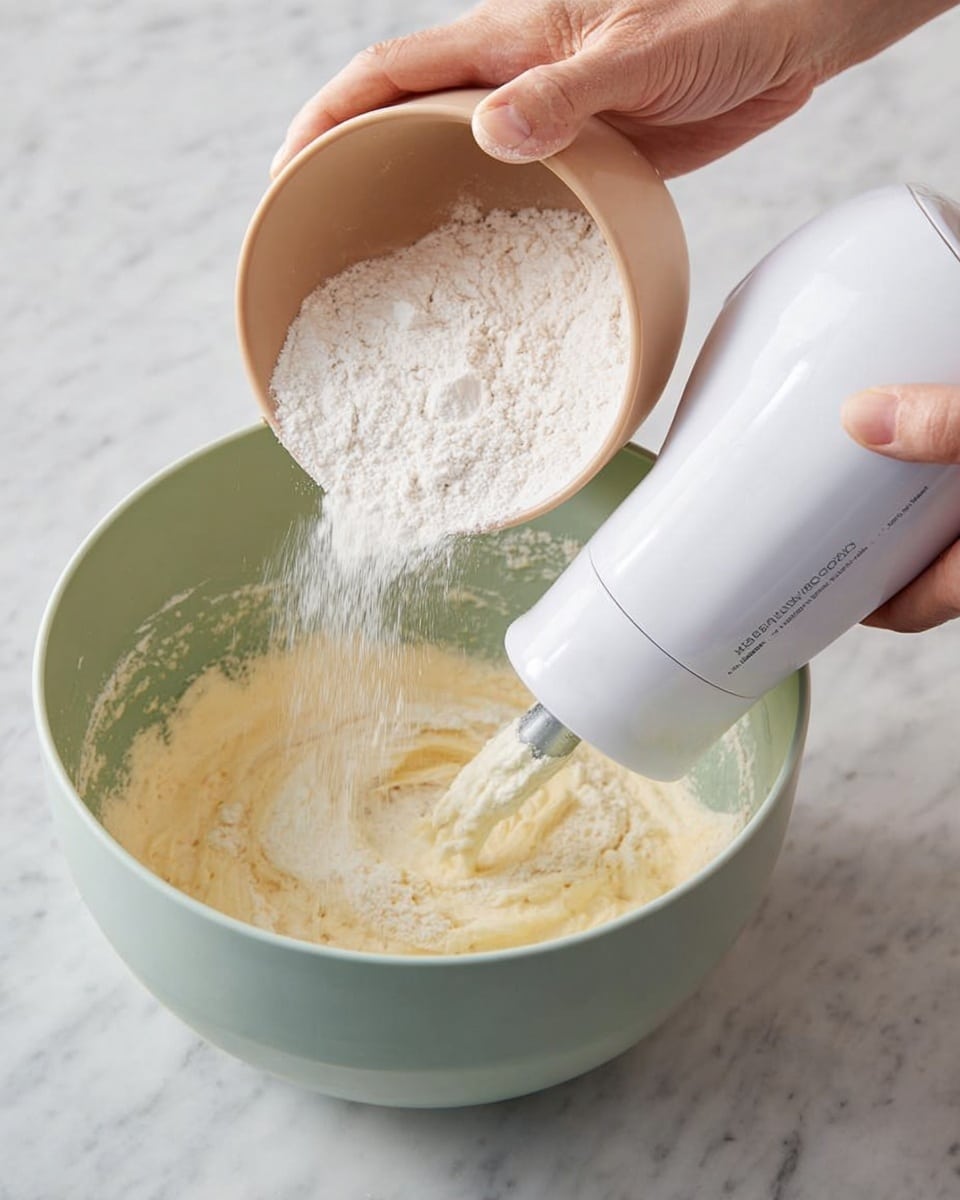 A close-up image showing a woman's hand pouring white flour from a light brown bowl into a light green bowl that holds a creamy, pale yellow mixture being mixed with a white electric hand mixer. The mixture in the bowl has a smooth, soft texture with some flour still visible on top, blending into the creamy layer below. The scene is set on a white marbled surface, and the white electric mixer is held by a woman's hand on the right side, actively blending the ingredients photo taken with an iphone --ar 4:5 --v 7