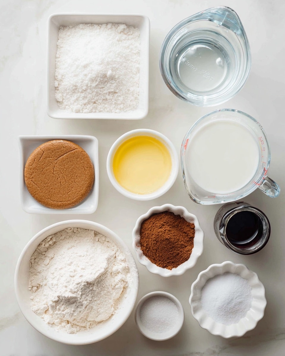The image shows nine containers with baking ingredients placed neatly on a white marbled surface. At the bottom left, a round white bowl is filled with white flour, showing some cracks on top. Above it, a square white dish holds white granulated sugar. Next to it, a small round white bowl contains melted butter of a yellow color. Above these, a small round white dish holds a thick, compacted brown sugar disk. To the right of the brown sugar, a clear glass measuring cup is filled with a white liquid, likely milk. Above it, another clear glass pitcher holds clear water. Left of the water, there is a dark bottle containing a liquid, possibly vanilla extract. Near the bottom right, a small round scalloped white dish has two white powders, one slightly larger than the other, likely baking soda and salt. Between the flour and salt dishes, another small round white bowl contains brown cocoa powder. All containers are simple and white, lying on a smooth white marbled surface, with bright, clear lighting. Photo taken with an iphone --ar 4:5 --v 7