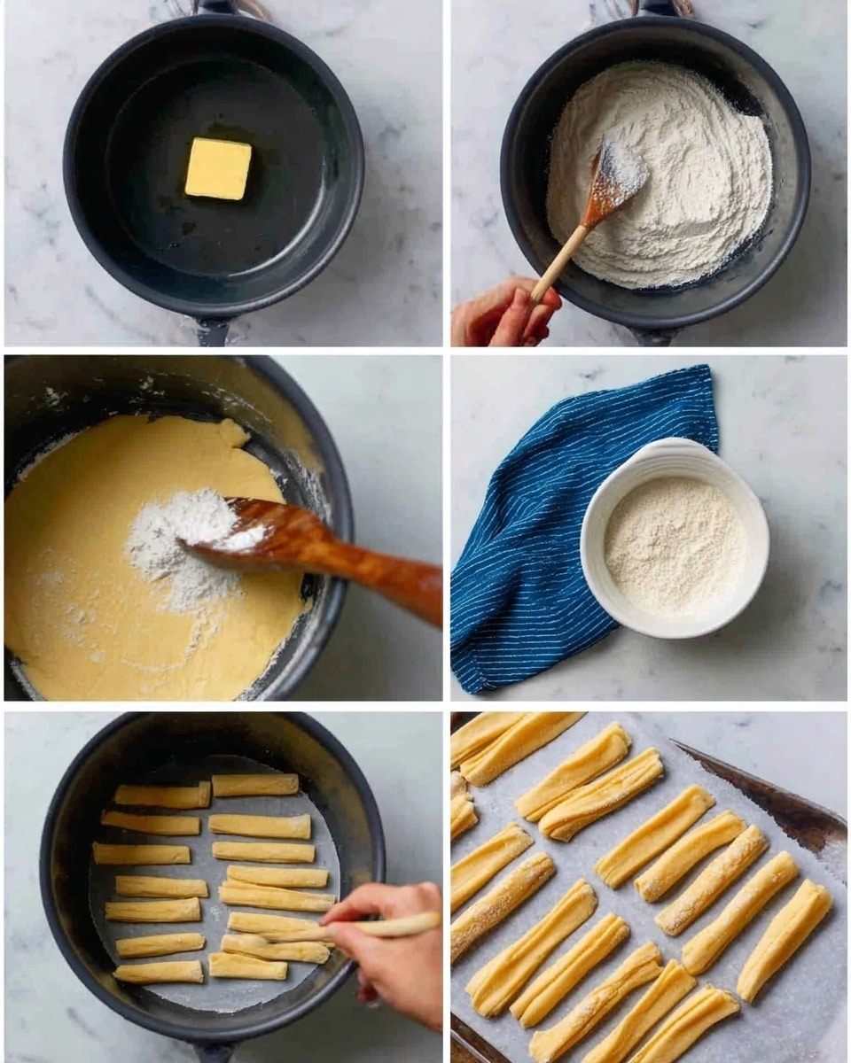 The image shows eight sections of making a light yellow dough. In the first section, a small square of butter melts in a black pot on a white marbled surface, followed by the second section with white flour added into the pot. The third section shows the dough thickening as a wooden spoon stirs inside the black pot. In the fourth section, the dough is now smooth and placed beside a white bowl with a blue cloth nearby on the white marbled surface. The fifth section shows a woman's hand piping dough strips onto white paper, and the sixth section shows many evenly spaced dough strips on the paper. The seventh section shows the strips dusted with white flour inside the black pot, and the eighth section shows the strips frying to a light golden color in oil inside the pot. Photo taken with an iphone --ar 4:5 --v 7