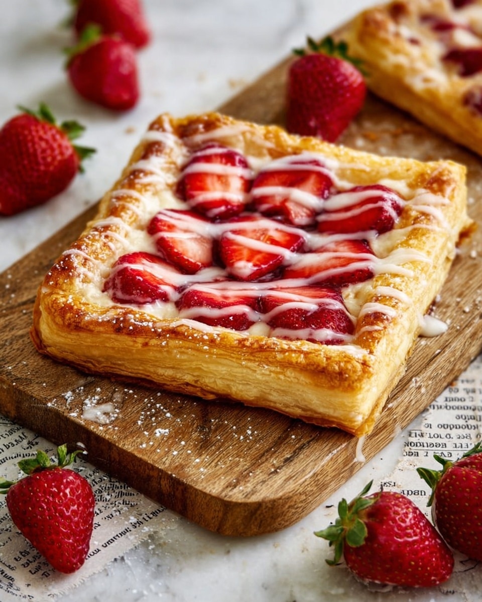 The image shows a square-shaped strawberry pastry on a wooden cutting board, placed on a white marbled surface with pieces of printed paper underneath. The pastry has two layers of golden-brown flaky dough: a thick bottom layer and a puffed, crispy edge around the top. In the center, there is a layer of sliced red strawberries arranged neatly in a pattern, partially covered by a light drizzle of white icing. Around the pastry, there are whole fresh strawberries scattered on the white marbled surface. The photo gives a close-up view focusing on the texture and colors of the pastry. Photo taken with an iphone --ar 4:5 --v 7