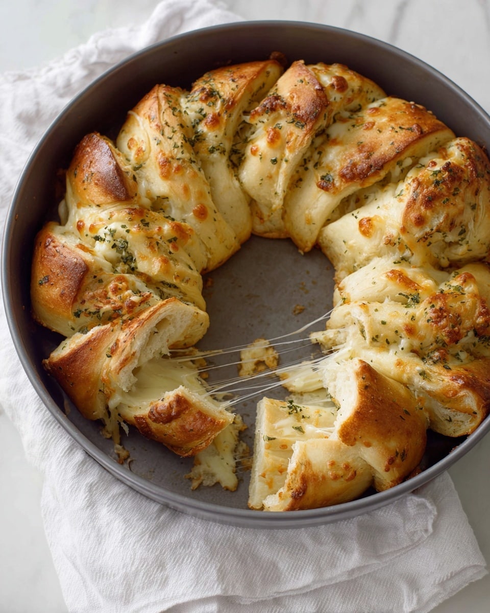 A round bread ring in a gray baking pan with about twelve thick, twisted segments. The golden-brown dough is soft with melted cheese threads visible inside each segment. Bits of green herbs are sprinkled on the top, adding color and texture. One segment is pulled away from the ring showing the fluffy inside and melted cheese stretching between the pieces. The pan rests on a white cloth over a white marbled surface. photo taken with an iphone --ar 4:5 --v 7