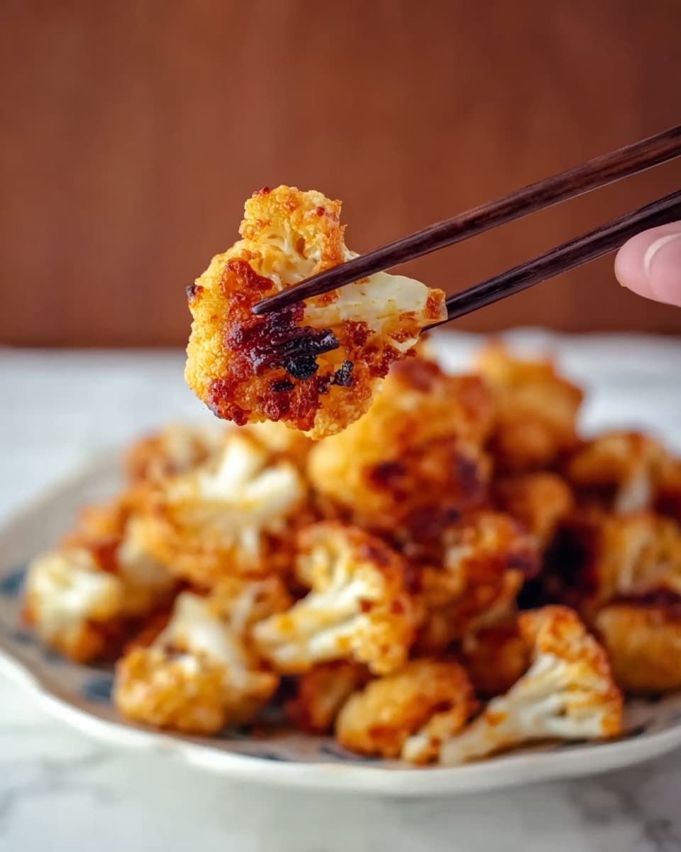 The image shows a close-up of a piece of roasted cauliflower held by chopsticks, with a woman's hand holding the chopsticks. The cauliflower piece is golden brown with some darker caramelized spots, showing a crispy texture. Below it, a white plate filled with similar roasted cauliflower pieces is slightly out of focus. The plate sits on a white marbled surface with a softly blurred brown background. photo taken with an iphone --ar 4:5 --v 7