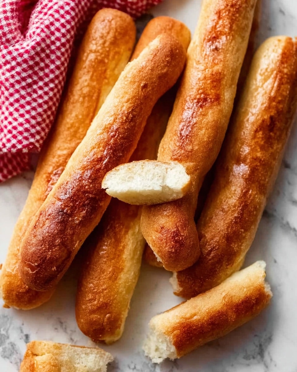 Three long, golden-brown breadsticks are laid side by side on a baking sheet lined with a textured, brown mat inside a silver metal tray with a red border. The breadsticks have a shiny, slightly rough surface with a few small grains sprinkled on top. At the bottom right, a woman's hand holds a black brush, applying a glossy coating on the closest breadstick. The scene is set against a white marbled textured background. photo taken with an iphone --ar 4:5 --v 7