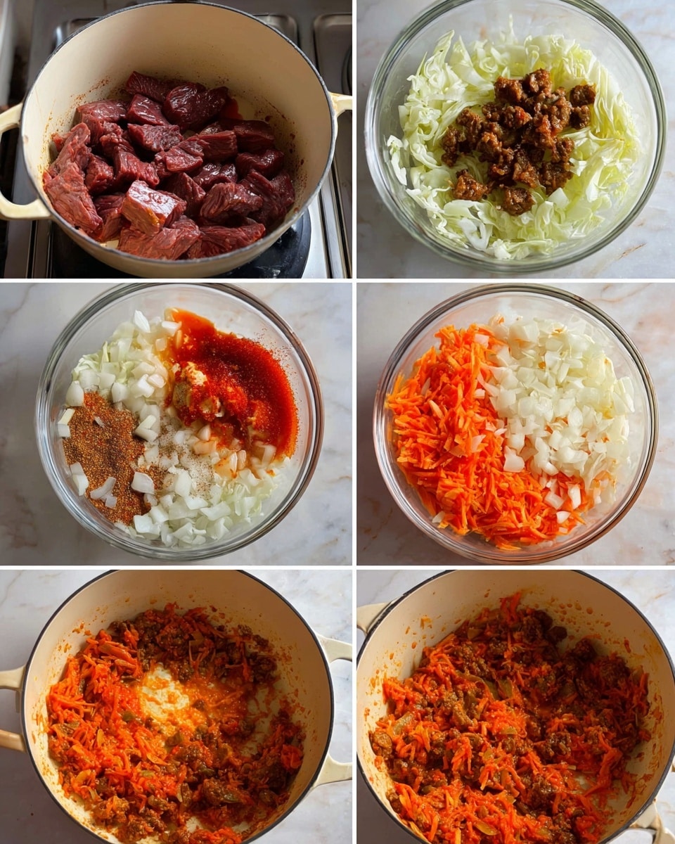 The image shows a series of six photos depicting steps of making a dish. The first photo shows pieces of dark red meat cooking in a white pot on a stove. The second photo shows a clear glass bowl with chopped white cabbage and cooked dark brown pieces of meat on top. The third photo shows shredded orange carrots and chopped white onions added to the white pot, which still has some browned bits on the sides. The fourth photo shows the same white pot with the carrot and onion mix cooked down, with some red sauce, salt, and pepper added on top. The fifth photo shows the glass bowl again with chopped cabbage, cooked meat, and the orange sauce mixture added on one side. The final photo shows the ingredients mixed together in the glass bowl, with the cabbage, meat, and the orange carrot and sauce mix all combined and textured. The scene uses a white marbled surface and soft natural light. Photo taken with an iphone --ar 4:5 --v 7