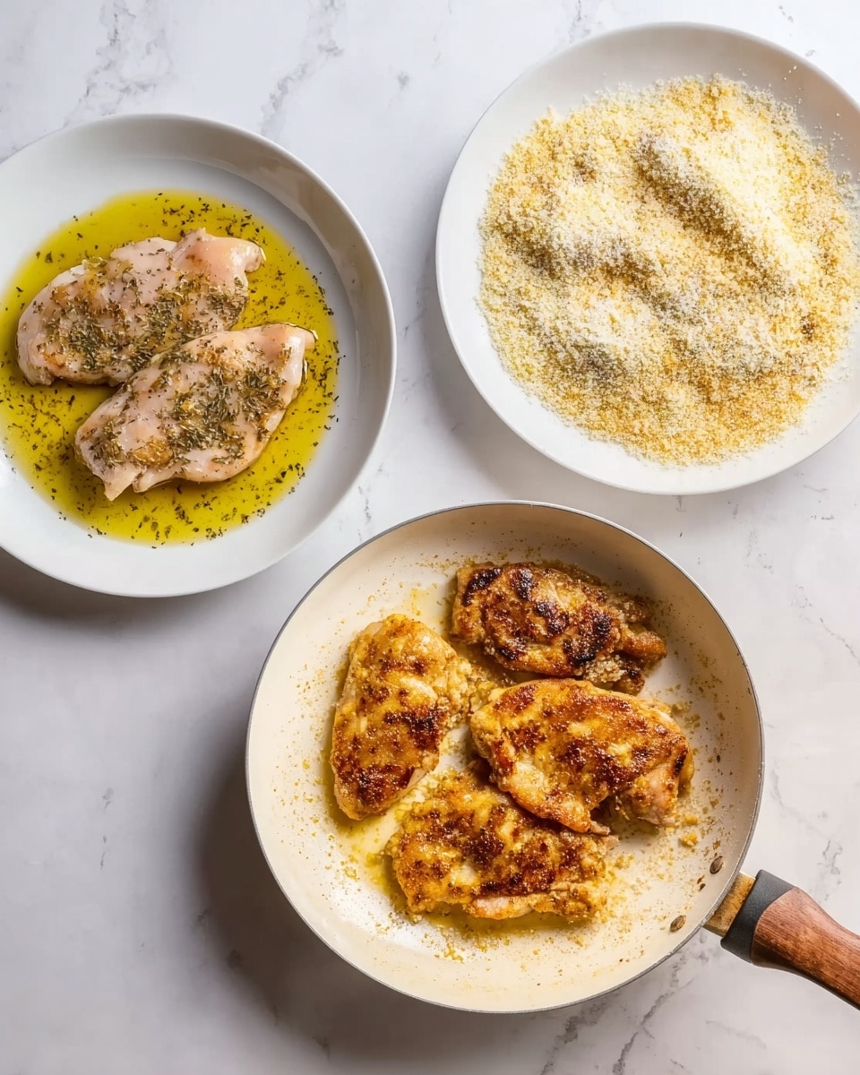 The image shows three stages of cooking chicken on a white marbled surface. On the left, there is a white plate with two raw chicken pieces soaked in yellow oil with herbs sprinkled on top. In the middle, a white plate holds the chicken pieces covered in a thick layer of fine, light yellow breadcrumbs. On the right, a frying pan with a wooden handle contains the chicken pieces browned and cooked, showing a crisp, golden-brown crust with some darker spots. The photo taken with an iphone --ar 4:5 --v 7