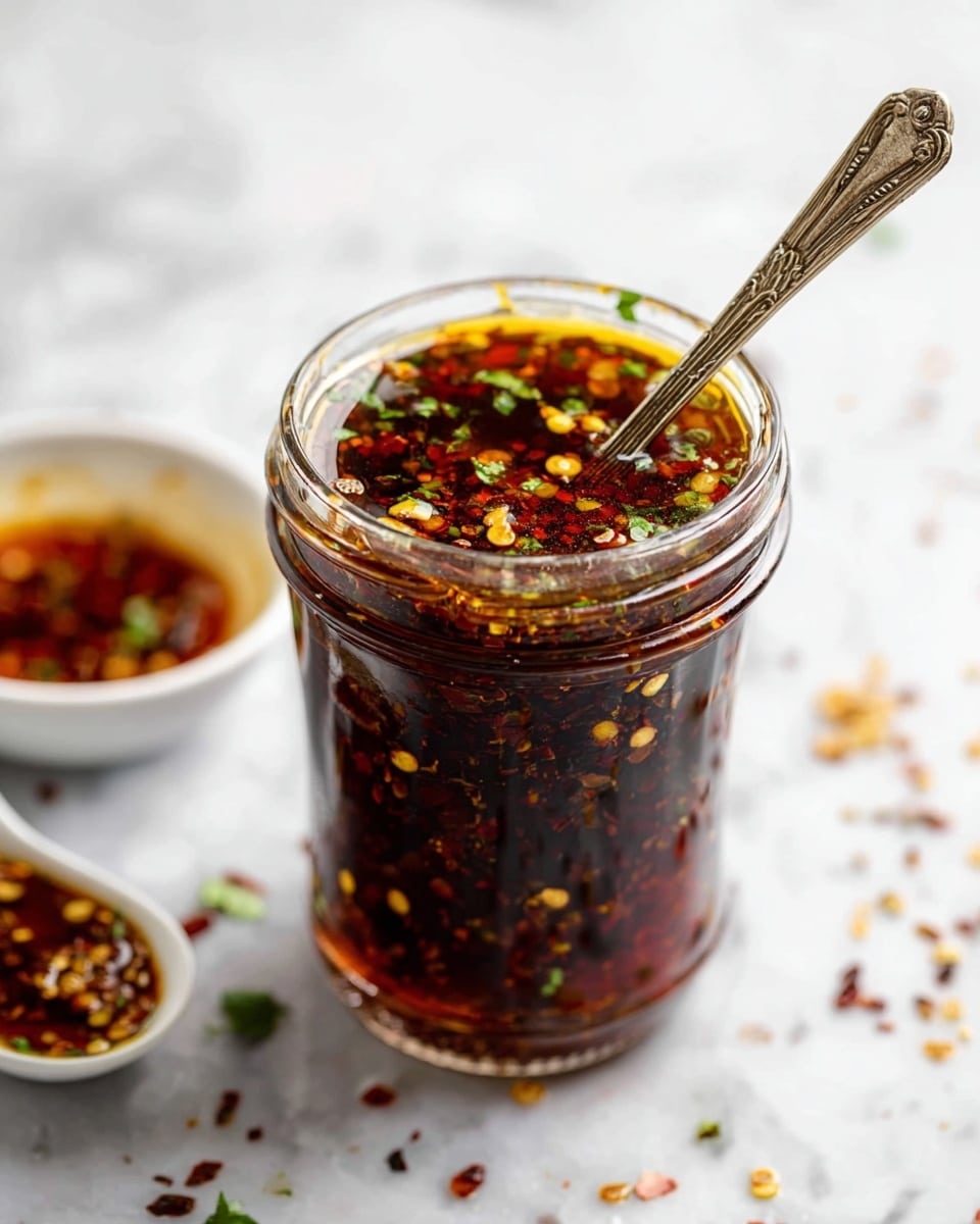 A tall clear glass jar filled with dark reddish-brown chili oil containing visible bright red chili flakes and yellow seeds, mixed with small green herb bits scattered on the surface and inside. A vintage silver spoon is partially submerged inside the jar, resting against the rim. The jar sits on a white marbled surface with small chili flakes and seeds scattered around it. Nearby, a white spoon and a white bowl each hold some reddish chili oil with seeds and flakes, slightly blurred in the background. Photo taken with an iphone --ar 4:5 --v 7