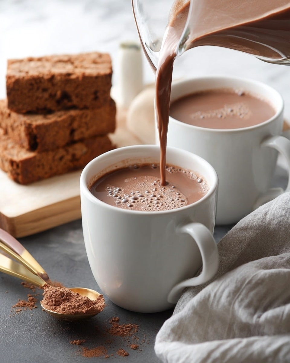 A white ceramic cup filled with smooth, warm brown hot cocoa is at the center, with a clear glass pitcher gently pouring more hot cocoa into it, creating small bubbles on the surface. Behind the cup, there is another white ceramic cup also filled with hot cocoa. In the background, three rectangular pieces of brown, crumbly cake sit neatly on a light wooden board. A golden spoon with a wooden handle contains finely ground cocoa powder and rests on a dark textured surface near the cups. To the right, a soft grey cloth napkin lies casually on the same surface. The entire scene is set against a white marbled texture, giving a clean and cozy look. photo taken with an iphone --ar 4:5 --v 7