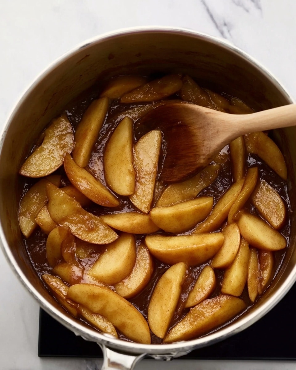 The image shows a shiny metal pot filled with many thick, light brown apple slices that look cooked and soft. The apple slices are layered evenly at the bottom and middle of the pot, with some darker brown sugary liquid between and under them, giving a sticky texture. A wooden spoon rests inside the pot, slightly covered with the brown liquid and apple juices. The pot is placed on a black surface, which is on top of a white marbled background. Photo taken with an iphone --ar 4:5 --v 7
