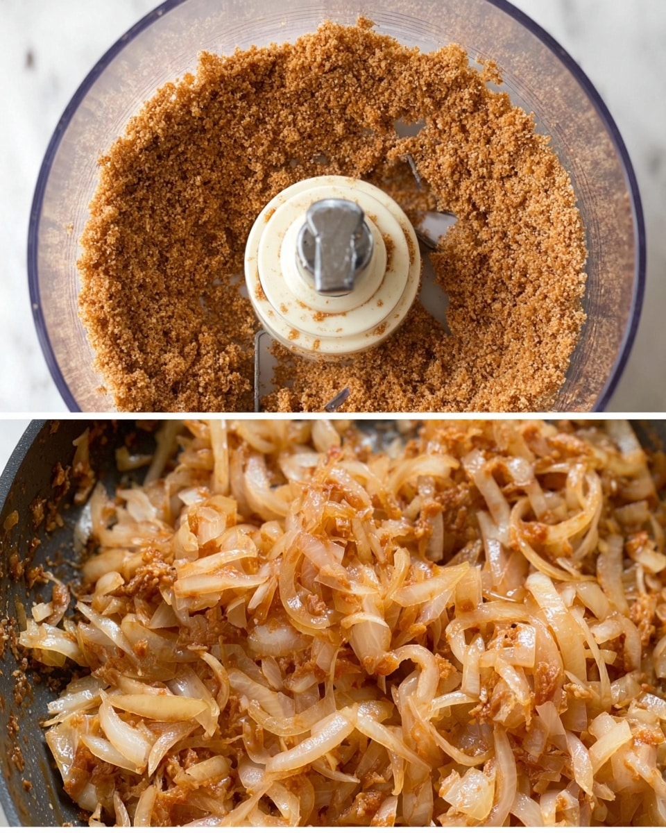 The first image shows a top-down view of a food processor bowl filled halfway with a coarse, crumbly mixture that is brown with small pieces of lighter beige chunks, and the metal blade is stuck in the center. The second image shows a close-up top view of soft cooked onions in a pan; the onions are pale golden brown with strands and small diced pieces, coated evenly with a light reddish-brown sauce. Both images have a white marbled surface in the background photo taken with an iphone --ar 4:5 --v 7