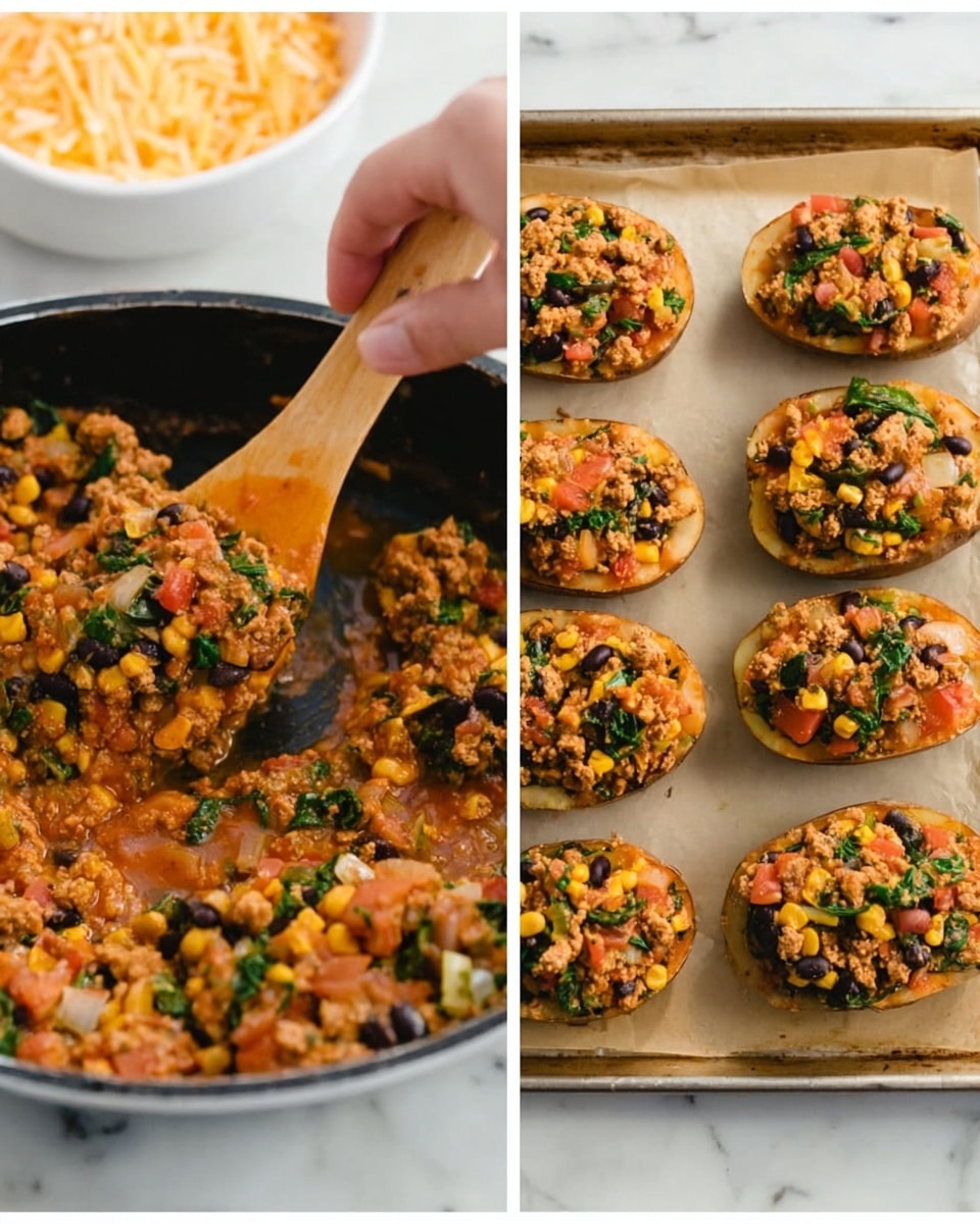 The first image shows a pan filled with a colorful mixture of cooked ground meat, black beans, corn, spinach, and diced tomatoes in a slightly thick orange sauce, being stirred with a wooden spatula held by a woman's hand. The second image displays a baking tray lined with parchment paper holding six white baked potato halves filled with the same mixture, piled generously on top and showing a vibrant mix of orange sauce, black beans, green spinach, and yellow corn. The tray is set on a white marbled surface with another dish of shredded cheese blurred in the background. photo taken with an iphone --ar 4:5 --v 7