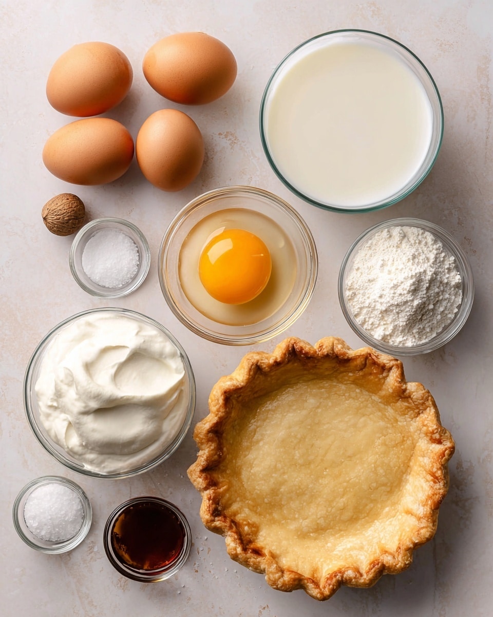 The image shows a flat lay of pie ingredients arranged on a white marbled surface with clear labels. There are four brown eggs positioned in a loose group on the left side, with a small round whole nutmeg below them. Above the eggs, a glass bowl filled with white whole milk is placed near the top center. To the right of the milk, a small glass bowl contains a single bright orange egg yolk. Below the yolk and milk is a larger glass bowl filled with thick white heavy cream. Near the bottom left corner, a small glass bowl of white granulated sugar and another small bowl with coarse salt are set next to a tiny bowl of dark brown vanilla extract. On the bottom right corner, there is a golden-brown baked pie crust with a crinkled edge. The overall arrangement is neat and balanced, placed on a soft white marbled background photo taken with an iphone --ar 4:5 --v 7