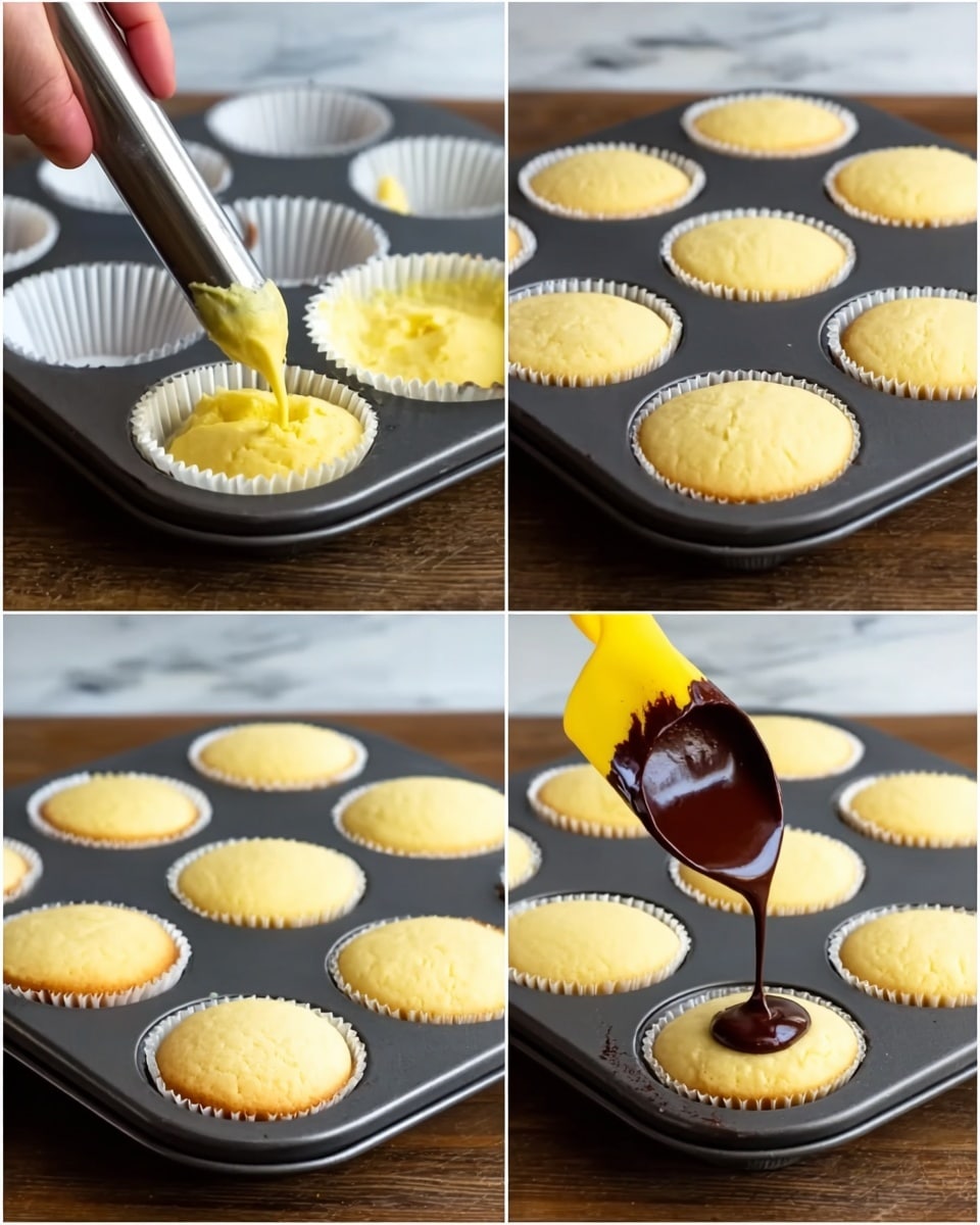 The image shows a sequence of four small square pictures of a cupcake-making process, all placed on a dark cupcake baking tray resting on a wooden surface. In the first picture, a woman's hand holds a metal ice cream scooper pouring yellowish cupcake batter into a white cupcake liner inside the tray. The second picture shows the tray filled with light golden baked cupcakes, smooth and slightly rounded on top. In the third picture, a yellow piping bag is used to poke into the center of one cupcake to fill it, the cupcake texture is soft and fluffy. The last picture shows a woman's hand holding a spoon with thick dark chocolate being dropped into the hole in the cupcake. The background is consistently visible as a white marbled texture. photo taken with an iphone --ar 4:5 --v 7