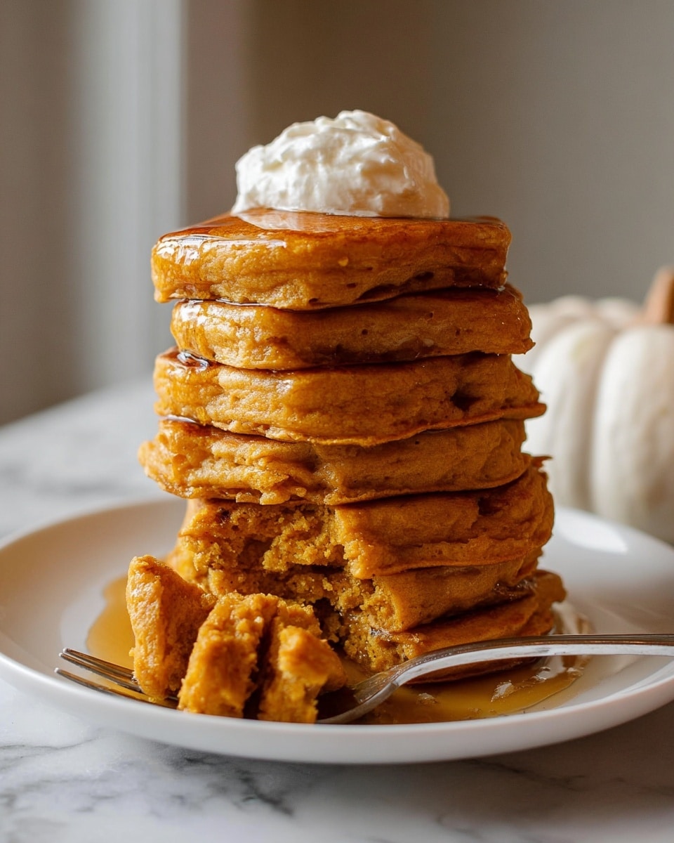 A tall stack of six thick, golden-brown pancakes sits on a white plate, each pancake showing a soft, fluffy texture with slight wrinkles and a warm, orange hue. The top pancake has a dollop of smooth, white cream melting gently down the sides. A small amount of syrup pools at the base of the stack, adding a glossy shine. A silver fork rests on the edge of the plate. The scene is set on a white marbled surface with a neutral background. photo taken with an iphone --ar 4:5 --v 7