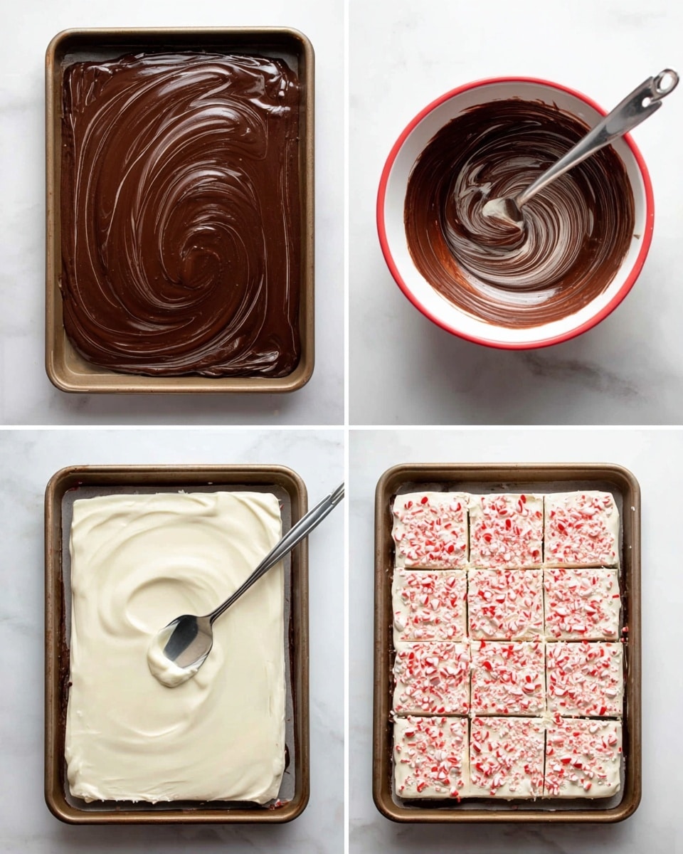 The dish is shown in four steps. First, a rectangular baking tray is filled with a smooth dark brown chocolate layer spread evenly, showing a glossy and thick texture. Second, a white bowl contains a thick and shiny melted chocolate mixture with a metal spoon resting inside, with swirled lines in the chocolate. Third, a red bowl holds a creamy white mixture with a metal spoon in it, and the surface looks smooth and thick. Fourth, the same rectangular tray now has a thick, even white layer spread on top of the dark chocolate, decorated with evenly spaced small red and white sprinkles, and the white layer is scored into square pieces ready to serve, all placed on a white marbled surface. Photo taken with an iphone --ar 4:5 --v 7