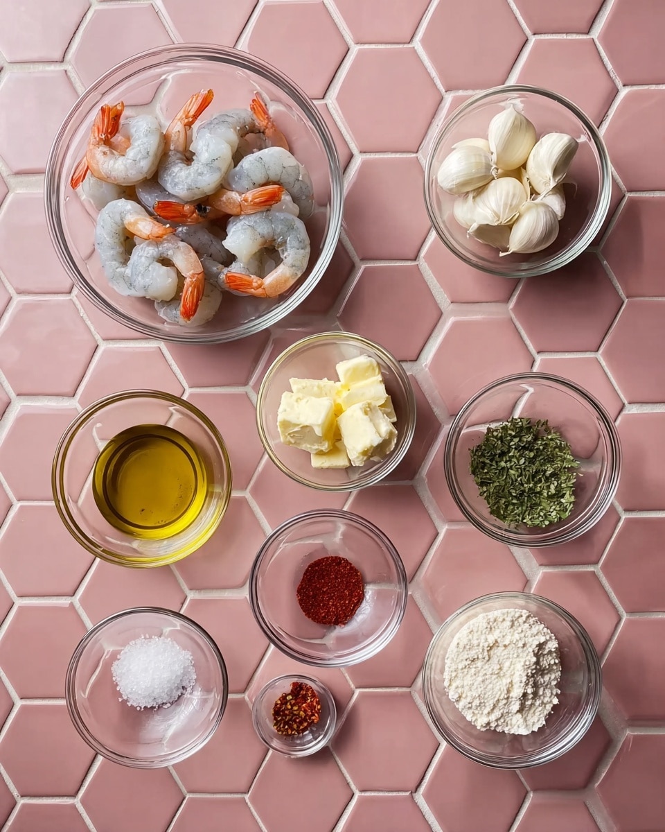 Nine small clear glass bowls are placed on a pink hexagonal tiled surface. The largest bowl contains gray raw shrimp with orange tails at the top left. Surrounding it are smaller bowls: a bowl with white garlic cloves at the top right, a bowl with light yellow butter cubes below the garlic, a tiny bowl with green chopped herbs to the right of the butter, a bowl with white powder (flour) at the bottom right, two tiny bowls with red spices near the bottom center, a bowl with coarse white salt to the bottom left, and a bowl with golden olive oil to the far left. photo taken with an iphone --ar 4:5 --v 7