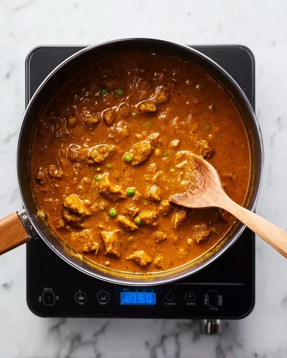 A black pot filled with thick orange-brown curry with small pieces of meat and peas visible throughout the sauce. A wooden spoon rests on the right side inside the pot, partially submerged in the curry. The pot is sitting on a black induction cooktop that shows digital blue numbers on its control panel. The background and surface underneath the cooktop have a white marbled texture. Photo taken with an iphone --ar 4:5 --v 7