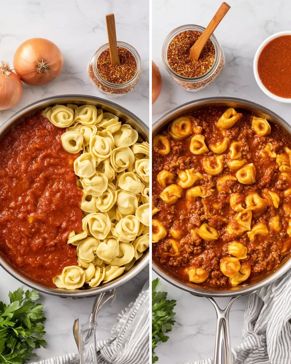 The image shows two metal pans side by side on a white marbled surface. The left pan is filled halfway with bright red tomato sauce, topped with a single layer of pale yellow tortellini pasta that has a soft, smooth texture and a ring shape. On the right, the same pan now shows the tortellini mixed into the sauce, which has become a darker red color with small ground meat pieces spread evenly, and the pasta has a tender and slightly glossy appearance. A small jar of red spice mix with a wooden spoon sits above the pans, with a white bowl of reddish sauce to the right, a whole onion at the bottom left, some green herbs at the top left, and a striped white and gray cloth near the bottom right. photo taken with an iphone --ar 4:5 --v 7