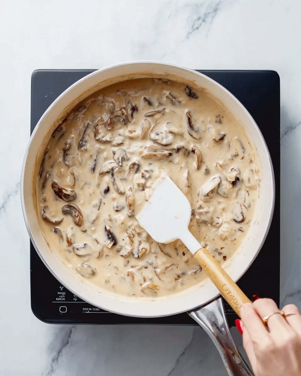 A white pot filled with a thick creamy mushroom sauce sits on a black burner, the sauce showing visible soft slices of brown mushrooms mixed throughout. A woman's hand holds a white spatula with a wooden handle, stirring the sauce, which has a smooth texture with some mushroom pieces floating on the surface. The background is a white marbled texture photo taken with an iphone --ar 4:5 --v 7
