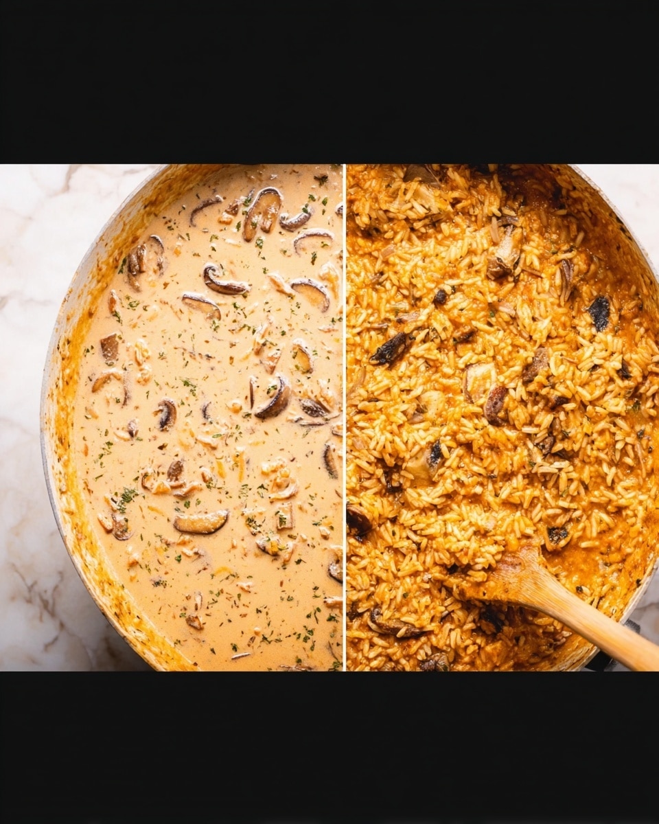 The image shows two close-up views of a creamy mushroom dish cooking in a pan on a white marbled surface. On the left side, there is a creamy sauce with light beige color mixed with small mushroom slices scattered evenly, showing a smooth texture with herbs visible throughout. A wooden spatula is partially visible at the bottom right corner stirring the sauce. On the right side, the dish looks thicker and rice-like grains in the sauce give it a rich orange color mixed with darker brown mushrooms and small pieces of light-colored meat spread evenly, suggesting it’s been cooked longer with a dense, hearty texture. Photo taken with an iphone --ar 4:5 --v 7