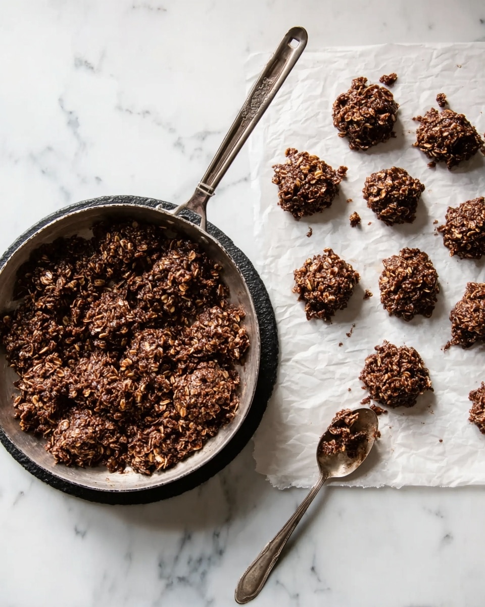 There is a large round pan filled with a dark brown, chunky, oat mixture with some lighter bits, placed on a white marbled surface. Next to the pan, there are ten small mounds of the same mixture spread out on a sheet of baking paper, each mound rough in texture. A metal spoon with some mixture on it rests near the mounds on the white marbled background. The pan is round with a black handle and sits on a black trivet. Photo taken with an iphone --ar 4:5 --v 7