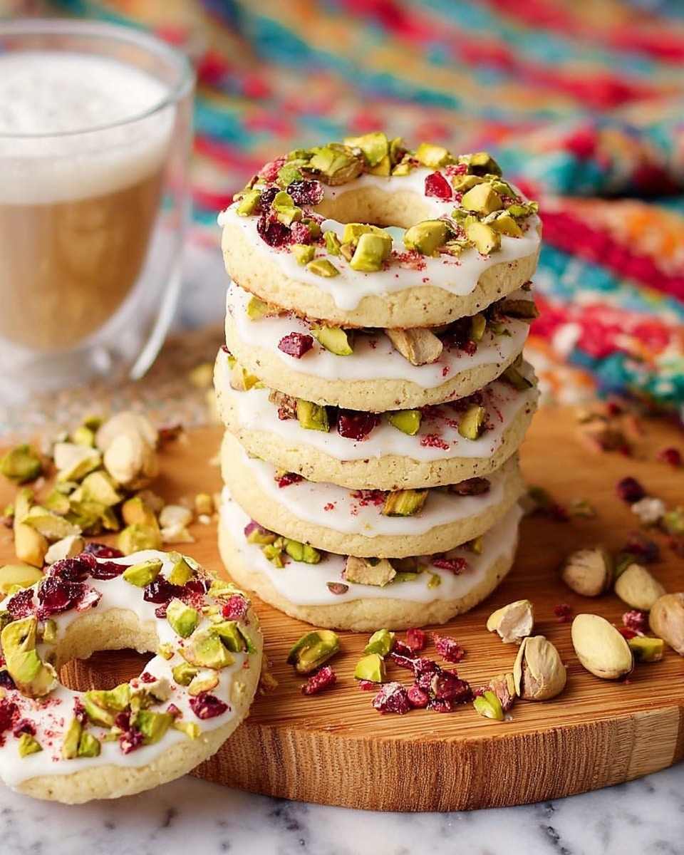 A stack of round cookies with a light golden-brown base and a smooth, pale icing layer on top. Each cookie is decorated with scattered pieces of bright red dried cranberries and small chunks of green pistachio nuts. The cookies are arranged in a slightly messy pile on a white paper inside a brown container, all placed on a white marbled surface. The focus is close, showing the texture of the cookie edges and the shiny icing with the uneven nut and berry toppings. photo taken with an iphone --ar 4:5 --v 7