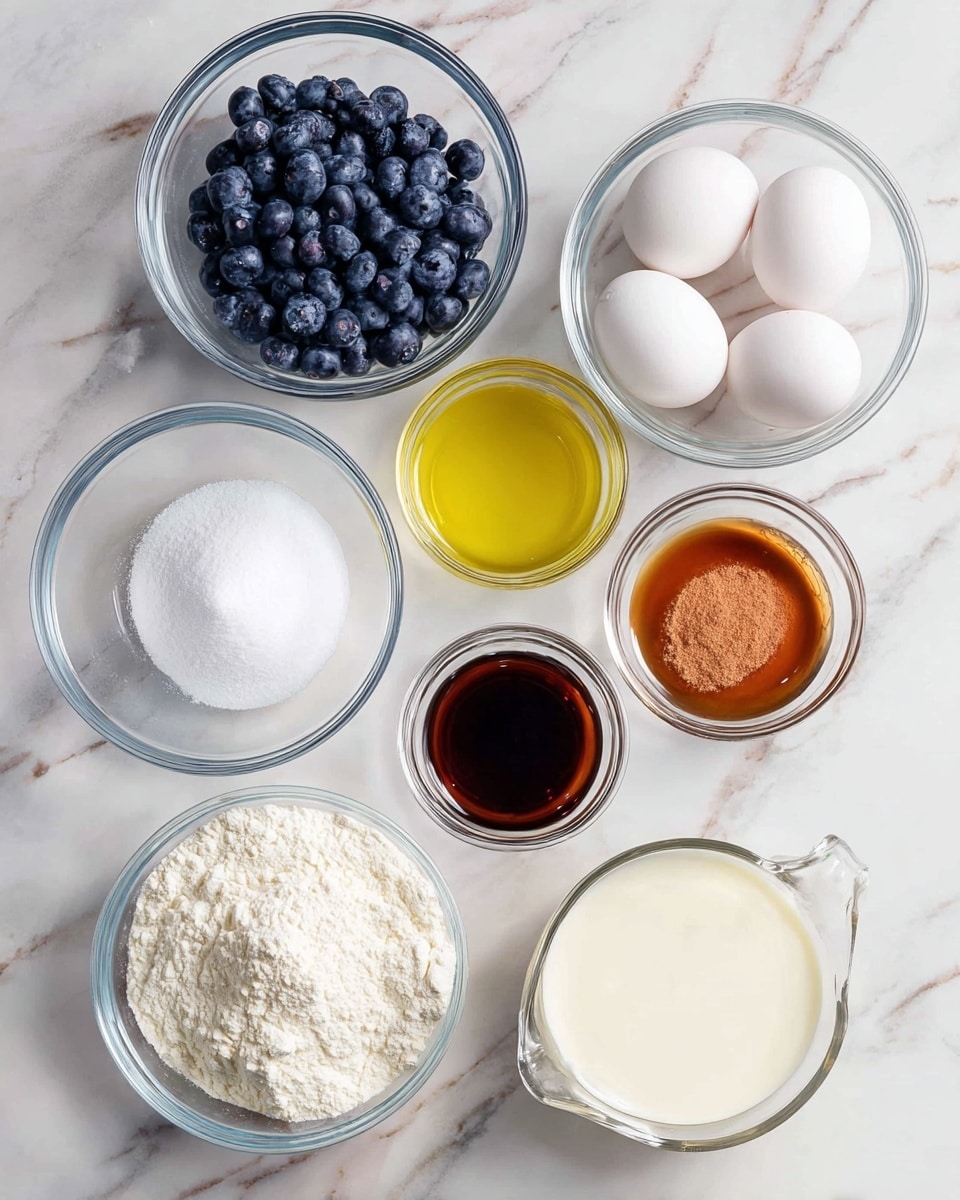 Seven clear glass bowls sit on a white marbled surface, each holding a different ingredient. Starting at top left and moving clockwise: a bowl full of fresh blueberries, a bowl with four large white eggs, a bowl filled with granulated white sugar, a bowl with light yellow oil, a bowl with white flour, a small bowl holding dark brown vanilla extract, and a glass measuring cup filled with white milk. The bowls are neatly arranged with space between them. photo taken with an iphone --ar 4:5 --v 7