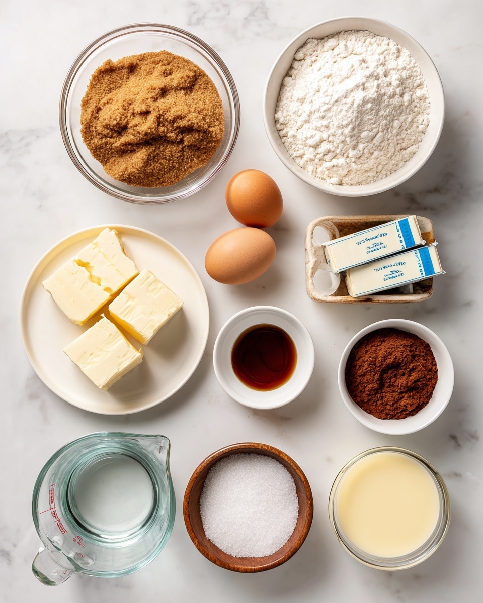 The image shows a top view of various baking ingredients placed on a white marbled surface. There is a clear glass bowl filled with brown sugar in the top left, and next to it on the right is a white bowl with flour, baking soda, and salt mixed together. Below the flour bowl is a white plate holding two eggs and two sticks of butter with blue labels. A small wooden bowl with salt is placed between the sugar and the flour bowls. Below the sugar bowl is a small glass bowl filled with vanilla extract. Near the center bottom, a small white bowl contains cinnamon, and to the right is another white bowl filled with cocoa powder and powdered sugar. A glass measuring cup with clear water is at the bottom left, and beside it is a bowl with sweetened condensed milk, light yellow in color. All items are arranged neatly with clear labels above each ingredient. Photo taken with an iphone --ar 4:5 --v 7