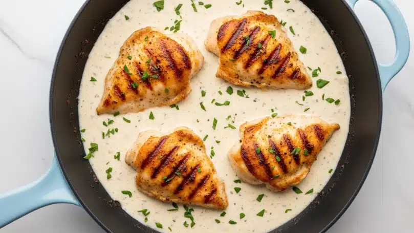 A black skillet filled with four pieces of golden-brown cooked chicken lying in a thick, creamy white sauce that covers the skillet's bottom, with fine green herbs sprinkled evenly across the sauce and chicken. The skillet has a light blue handle and is placed on a white marbled surface. The creamy sauce looks smooth with tiny bits of seasoning visible inside, and the chicken pieces show a slightly charred texture with grill marks on them photo taken with an iphone --ar 4:5 --v 7