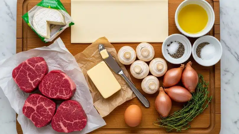 The image shows fresh ingredients arranged on a wooden cutting board over a white marbled surface. In the bottom left corner, there are four deep red filet mignon steaks placed on white parchment paper. Above the steaks, a rectangular piece of pale yellow butter rests on brown parchment paper with a silver knife beside it holding a small butter cube. To the right of the butter, five white mushrooms with smooth caps are scattered. Above the mushrooms, a sheet of pale beige puff pastry lies flat. On the right side, a small white bowl with golden oil and another white bowl containing black and white salt and pepper sit side by side. Just below, three light pink shallots with smooth skin lie close together. Near the bottom right corner, several sprigs of green thyme create a small bunch. An uncracked light brown egg is positioned centrally near the shallots and butter. A square white round cheese with a thick creamy texture sits near the top left on the board, next to its green and white packaging. photo taken with an iphone --ar 4:5 --v 7