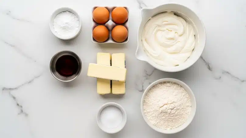 The Best Rolled Sugar Cookies Recipe 4 The image shows six small containers placed on a white marbled surface with baking ingredients inside. In the top left, there is a small white bowl filled with white powder (likely baking powder). Next to it, there is a white egg carton holding three brown eggs. To the right, a larger white bowl contains a thick white cream or batter. Below, three sticks of butter wrapped in paper are stacked vertically on the marbled surface. To the left of them, a small metal bowl holds dark brown liquid (vanilla extract). Below this, another small white bowl contains white granulated salt. Finally, on the bottom right, a white bowl is filled with white flour. The setup shows a clean and organized layout of ingredients, ready for baking, photo taken with an iphone --ar 4:5 --v 7