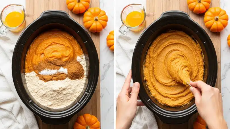 Creamy Pumpkin Butter Recipe 5 The image shows two black slow cooker bowls placed on a wooden surface with small decorative pumpkins around. In the left bowl, there are four layers of ingredients: a large smooth orange layer at the bottom, a light tan powdery layer covering the bottom half, and two smaller layers of brown powder spices on top near the center, creating a layered effect. In the right bowl, a woman's hand is stirring the smooth, evenly mixed orange mixture. Both bowls are oval shaped and placed on a white marbled surface that replaces the wooden texture, with a white towel and a clear measuring cup with yellow liquid near the bowls. Photo taken with an iphone --ar 4:5 --v 7