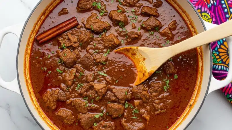 The image shows a large white pot filled with a rich, dark brown stew with tender chunks of meat visible on top. The stew has a thick, slightly oily texture with a reddish-brown color and some small herbs sprinkled across the surface. Two cinnamon sticks float in the stew near the top left. A light wooden spoon is resting inside the pot, slightly stained by the stew's color. The pot sits on a white marbled surface with a colorful patterned fabric visible on the top right. Photo taken with an iphone --ar 4:5 --v 7