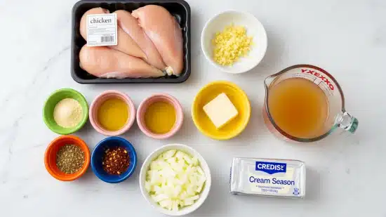 A white marbled surface holds nine items arranged neatly: in the top left is a black tray with raw pink chicken pieces inside, labeled 