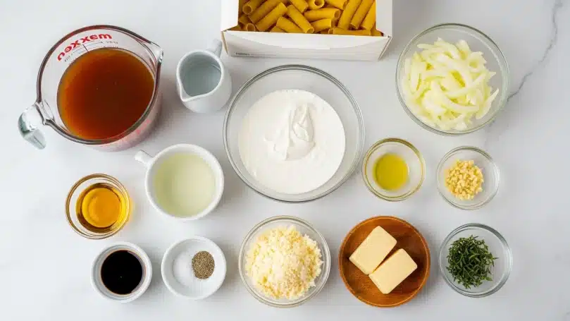 The image shows a white marbled surface with several ingredients arranged neatly. At the top right, a white pasta box with visible rigatoni pasta is placed. Below it, a glass bowl filled with pale yellow sliced onions sits next to a smaller glass bowl containing chopped garlic. Near the center, a clear glass bowl holds a fluffy white liquid, heavy cream. To the left, a larger clear glass measuring cup contains amber-brown beef stock, and next to it is a white small jug holding clear water. Below water, a small white cup has pale golden wine, and nearby is a tiny bowl with amber oil. A small clear bowl filled with pale grated Gruyere cheese sits beside a wooden dish containing two yellow pats of butter. In front are two small bowls: one with a dark Worcestershire sauce and another with a mix of salt and black pepper. A small glass bowl with fresh green thyme leaves completes the layout. All items are set on the white marbled surface. Photo taken with an iphone --ar 4:5 --v 7