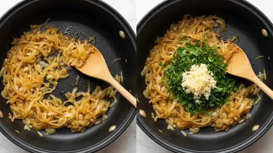 In a black cooking pot, there is a thick layer of golden-brown caramelized onions, soft and slightly glossy, covering the bottom. A wooden spoon rests on the right side, partly dipped in the onions. In the second image, on top of the caramelized onions, a fresh green bunch of chopped herbs and a heap of finely minced white garlic are added in the center. The pot is set against a white marbled surface. Photo taken with an iphone --ar 4:5 --v 7