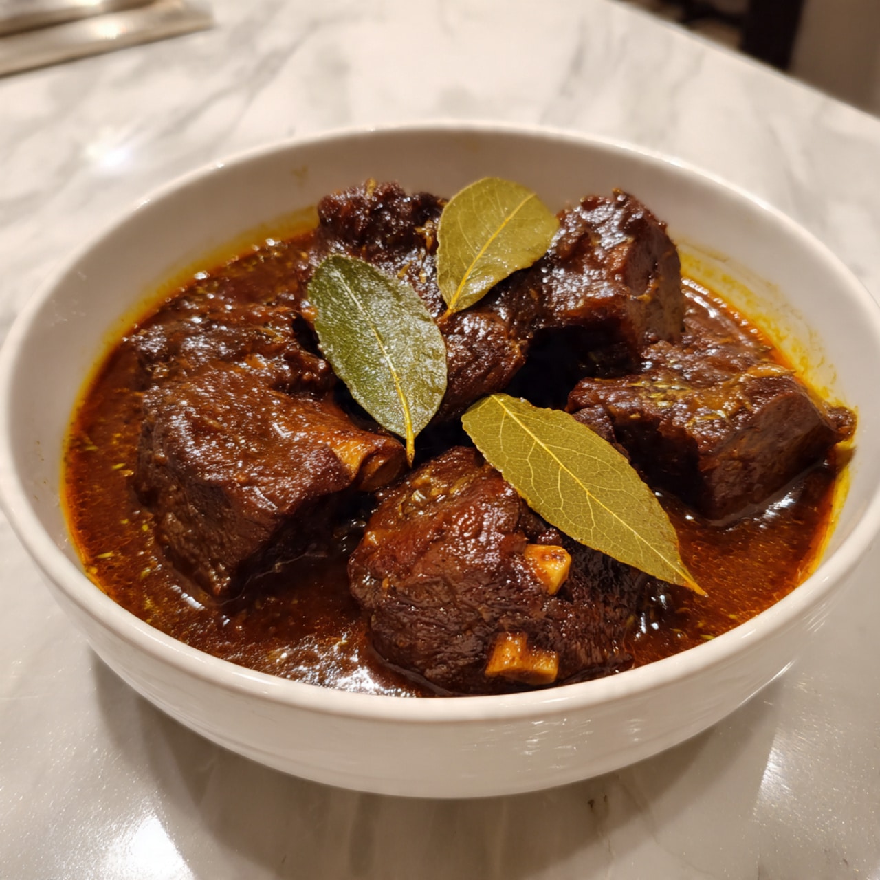 A white bowl filled with rich, dark brown stew with thick sauce covering several large pieces of tender meat; scattered on top are four light green bay leaves resting flat, adding a touch of contrast; the bowl sits on a white marbled surface, and the photo is taken with an iphone --ar 4:5 --v 7