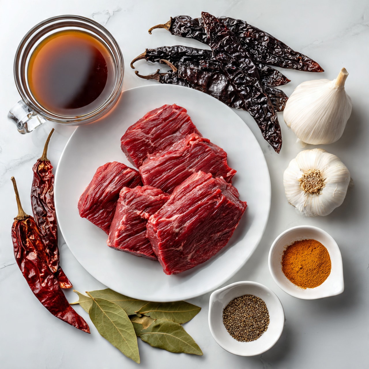 The image shows a white plate on a white marbled surface holding a large piece of raw beef chuck roast with a deep red color and some marbling of fat. Around the plate, there are various ingredients arranged neatly: at the top left, a clear glass cup filled with dark brown beef broth; below it, three dark wrinkled ancho chiles with long stems; next to the chiles, a small bulb of garlic with white papery skin and a whole white onion; to the right of those, a small white plate with a pile of mixed ground spices in shades of brown, yellow, black, and white; below is a small pile of green bay leaves; scattered near the bottom center are three dark red dried arbol chiles; to the left, a bunch of dark red guajillo chiles with long stems; a small clear bowl of pale yellow apple cider vinegar; and two bright red round roma tomatoes positioned at the bottom right. Everything is arranged on a white marbled surface, photo taken with an iphone --ar 4:5 --v 7