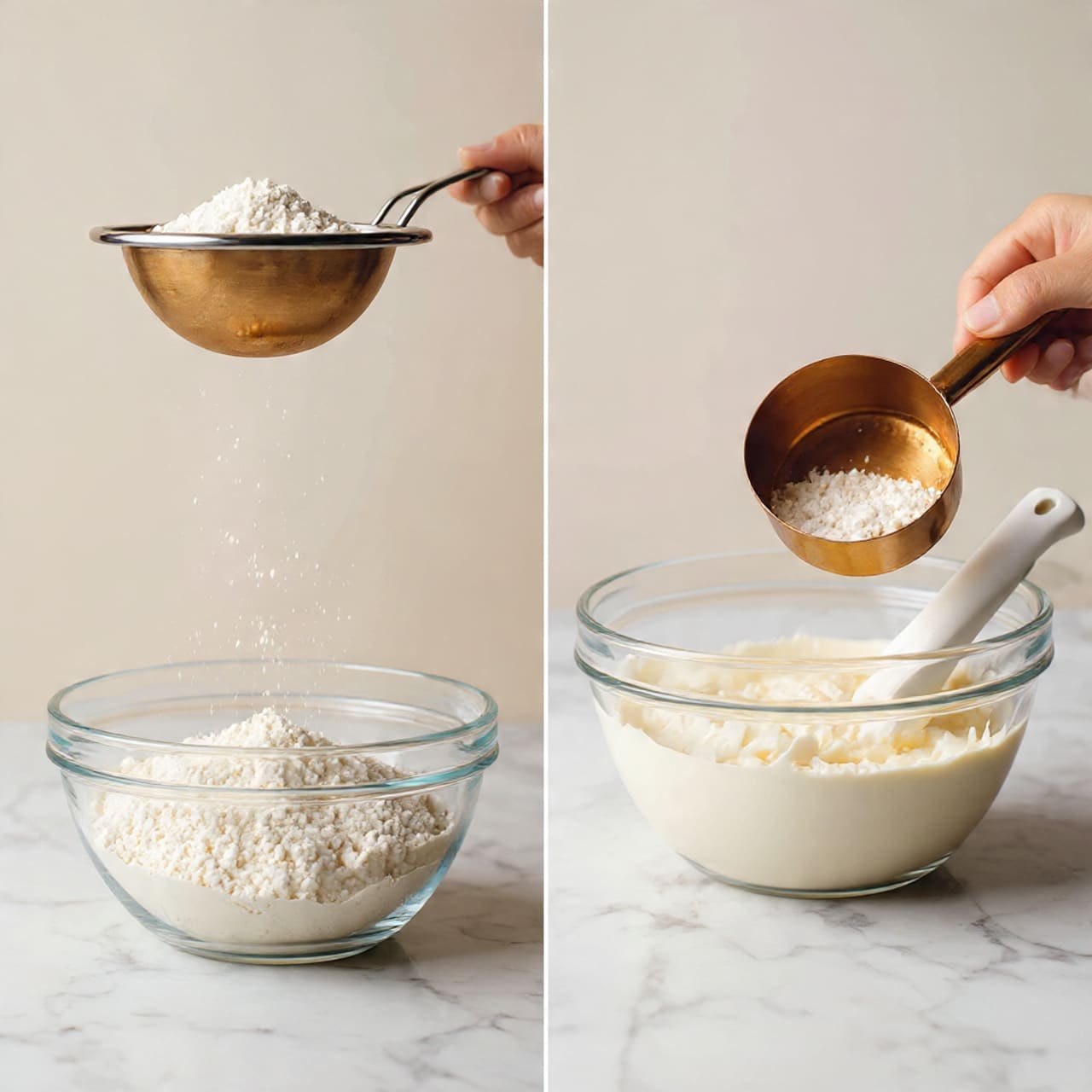 The image shows two steps of baking preparation. On the left side, a clear glass bowl sits on a white marbled surface, with flour being poured through a fine metal sieve held above it, causing a soft white powder to fall into the bowl. On the right side, a woman's hand pours a metallic copper measuring cup filled with a white powdery ingredient into a large clear glass mixing bowl attached to a metallic mixer, which has a white mixing paddle inside, with some frothy, creamy mixture visible at the bottom. The background also shows a white marbled texture. Photo taken with an iphone --ar 4:5 --v 7