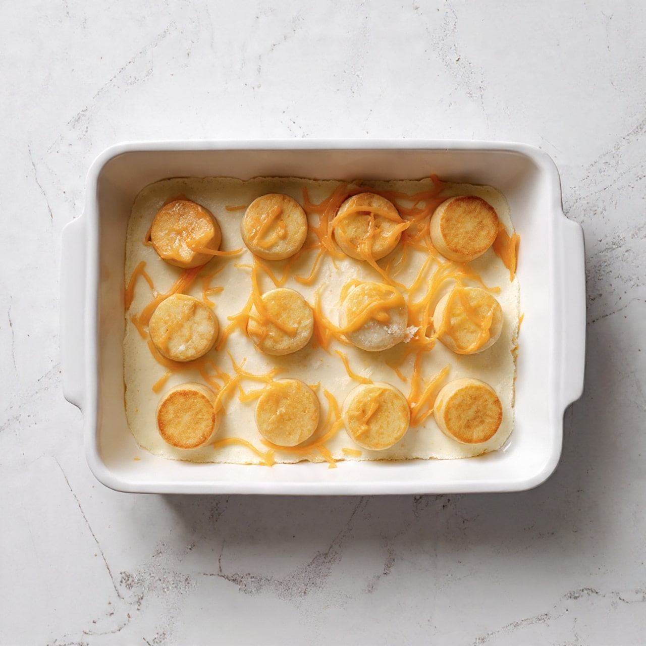 A white rectangular baking dish with handles holds the dish. The bottom layer is a light cream sauce spread evenly across the base. On top, there are scattered round slices of light brown cooked vegetables, spaced out in a loose pattern. Over these slices, there is a thin, uneven layer of shredded bright orange cheese spread all over. The dish is set on a white marbled surface. Photo taken with an iphone --ar 4:5 --v 7
