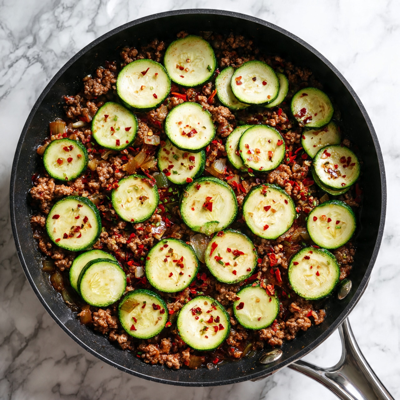 A top view of a black pan filled with a cooked ground meat mix at the bottom layer, showing brown, crumbly texture with bits of cooked onion and red bell pepper pieces scattered throughout. The third layer consists of evenly spaced round slices of fresh zucchini, light green with darker green edges, covering the meat mix. Tiny red chili flakes are sprinkled over the zucchini slices. The pan is placed on a white marbled surface with its metal handle visible on the right side. photo taken with an iphone --ar 4:5 --v 7