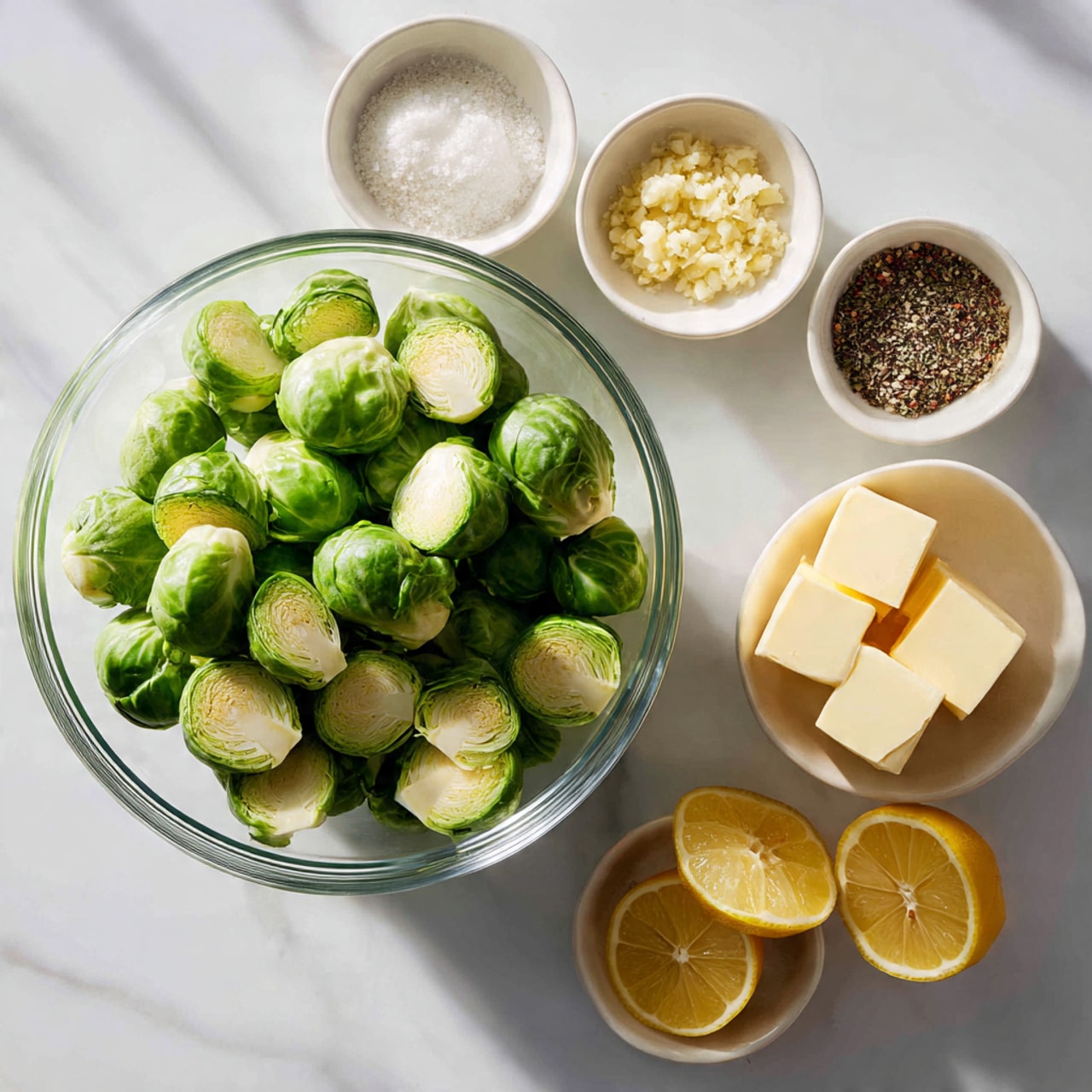 A clear glass bowl filled with halved bright green Brussels sprouts at the center, surrounded by five small white bowls each holding different ingredients: one with a pale yellow minced garlic, one with fine white sea salt, one with mixed black and white pepper, one with two small blocks of creamy yellow butter, and one with two halves of a fresh lemon showing a bright yellow interior. The entire setup is placed on a white marbled textured surface, with natural light casting soft shadows, creating a clean and fresh look. Photo taken with an iphone --ar 4:5 --v 7