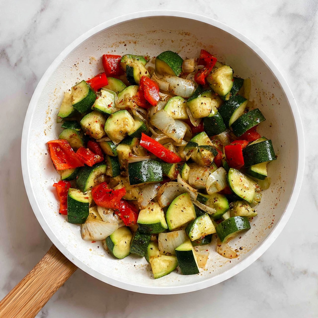 A white pan filled with cooked mixed vegetables including green zucchini pieces, red bell pepper chunks, and soft white onion slices. The vegetables are cut into medium chunks and are lightly cooked with a bit of browning and seasoning visible on them. The pan has a light wooden handle and is placed on a white marbled surface. photo taken with an iphone --ar 4:5 --v 7