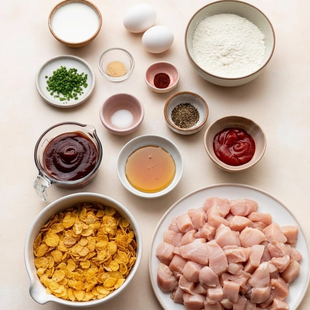 The image shows multiple small round bowls and a white plate with cubed raw chicken pieces arranged on a white marbled surface. The largest white bowl holds white flour, next to it a glass container holds dark reddish BBQ sauce. A bowl filled with bright yellow cornflakes cereal is positioned near the bottom left. Small bowls contain various powders and spices: light brown garlic powder, dark red smoked paprika, white salt, and black pepper. Two white eggs sit near the top center. A small white bowl with golden honey and another with red ketchup are visible. There is also a small plate with green chopped fresh chives labeled optional. Each ingredient is clearly labeled with bold black text on a white background. Photo taken with an iphone --ar 4:5 --v 7