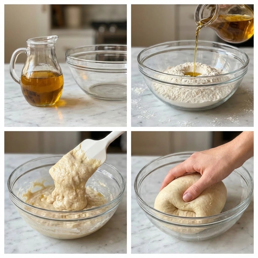 The images show a clear glass bowl on a white marbled surface, with four stages of making dough. The first image shows amber liquid in a clear glass jug. The second image shows this liquid being poured into white flour in the bowl. The third image shows the dough mixed in the bowl, with a pale beige sticky texture, and a white spatula touching it. The fourth shows a woman's hand pressing the dough that is now firmer and smooth, all inside the same clear bowl. Photo taken with an iphone --ar 4:5 --v 7