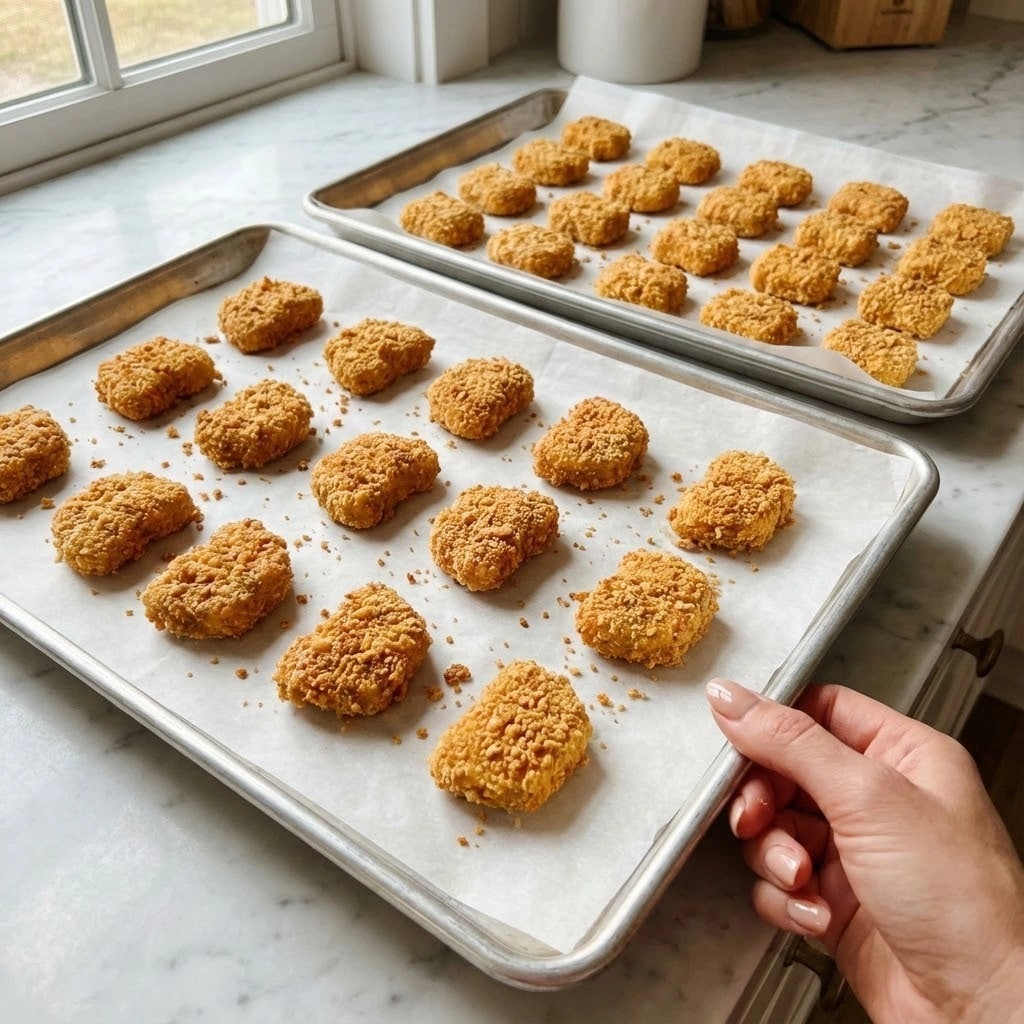 Many small pieces of golden brown crispy nuggets are spread out evenly on two baking sheets lined with white parchment paper. The nuggets have a crunchy, textured coating with rough edges made of crushed flakes, giving them a rough and crunchy look. The baking sheets have shiny silver rims and are placed on a white marbled surface. A woman's hand is holding the corner of the bottom baking sheet, showing shiny well-kept nails. The nuggets are arranged in neat rows with small crumbs scattered around them. Photo taken with an iphone --ar 4:5 --v 7