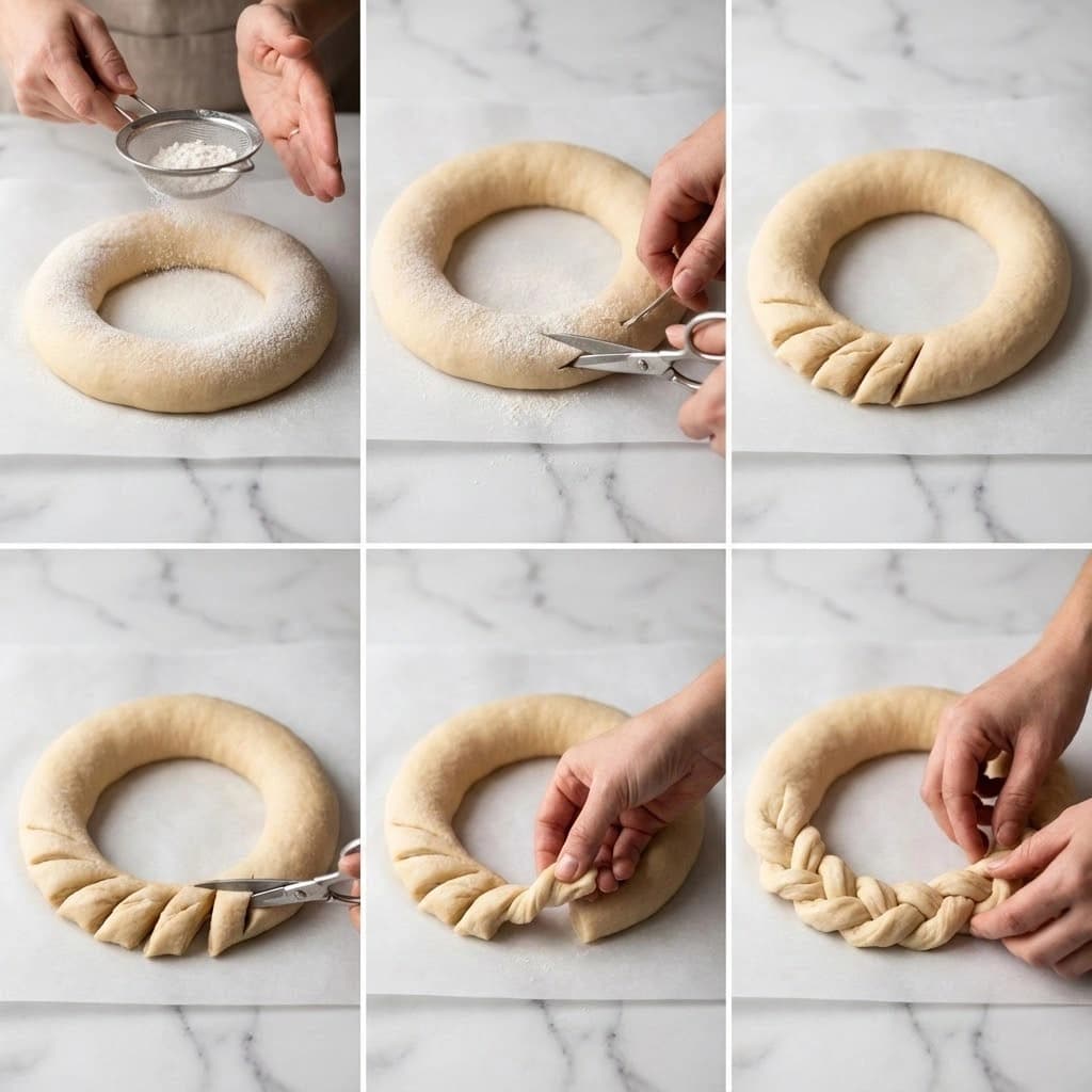 The image shows six steps of making a dough ring on white parchment paper placed on a white marbled surface. In the first step, the round dough ring is being sprinkled with flour by a woman's hand holding a small metal sieve above it. The dough is thick and pale beige with a smooth texture. In the second step, a pair of scissors held by a woman's hand makes a cut in the outer side of the dough ring. The third step shows several diagonal cuts made all around the bottom left part of the dough, creating small twisted pieces. In the fourth step, the scissors continue to make more cuts in the dough twists. The fifth step shows a woman's hand twisting one of the dough pieces at the bottom left of the ring. Finally, the sixth step shows a woman’s hands shaping the small twisted dough pieces all around the ring, creating a decorative pattern. The dough looks soft with some dusted flour on it. photo taken with an iphone --ar 4:5 --v 7