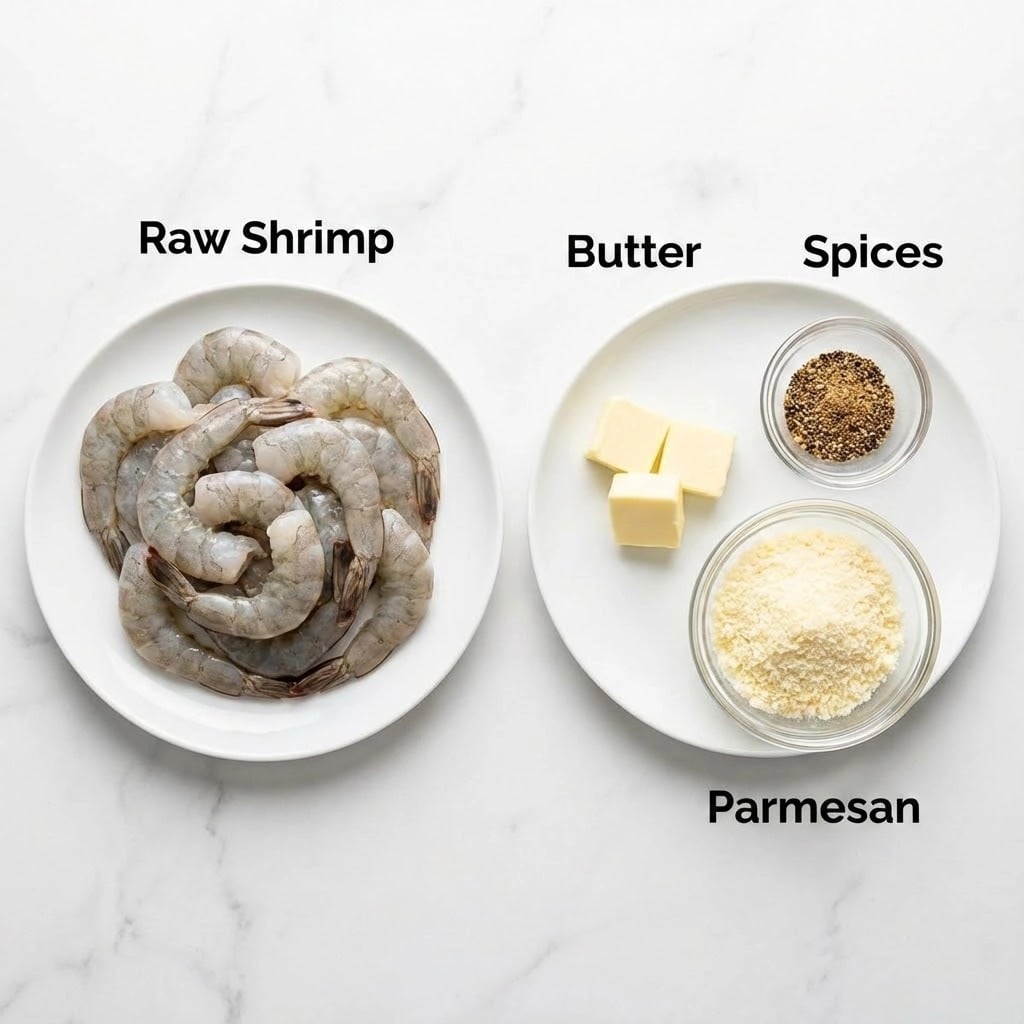 Two white plates sit on a white marbled surface. The left plate is filled with raw shrimp, pale translucent gray with some darker veins and tails curled slightly, piled up evenly across the plate. The right plate holds three small piles: in the top left, three blocks of pale yellow butter; in the top right, a small glass bowl of mixed brown and black spices; and in the bottom right, a larger glass bowl filled with grated pale yellow Parmesan cheese. The setup is bright and simple, with clear labeling above each item in black text. Photo taken with an iphone --ar 4:5 --v 7