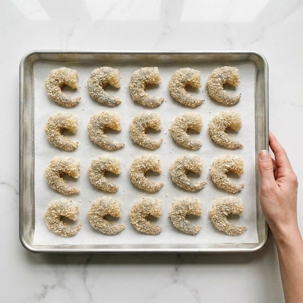 A metal baking tray with a white parchment paper is filled with 20 breaded shrimp arranged in four rows. Each shrimp is covered evenly with light beige breadcrumbs, showing some grayish tones from the shrimp underneath. The shrimp are crescent-shaped and spaced out with no layers overlapping. A woman's hand is holding the right side of the tray. The background is a white marbled surface. photo taken with an iphone --ar 4:5 --v 7