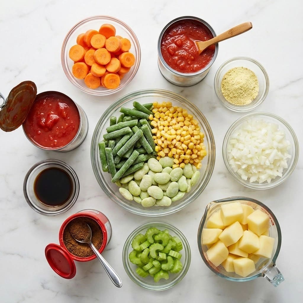 The image shows several small bowls and a can arranged on a white marbled surface, each filled with different ingredients. On the top left is a clear glass bowl with bright orange carrot slices, next to a large open can of chunky red tomato sauce with a wooden spoon inside. Below these, a medium clear glass bowl contains frozen green beans, yellow corn, and large pale green beans, separated in sections. To the right are two small clear glass bowls, one with a light yellow powder and the other with white chopped onions. Moving down, a small clear glass bowl holds bright green celery slices. At the bottom left, a clear measuring cup is filled with large pale yellow potato cubes. Next to it is a small open red container of dark brown seasoning with a silver spoon. Another small bowl with a dark liquid is also present. All elements are neatly placed and easily identifiable with vivid colors, photo taken with an iphone --ar 4:5 --v 7
